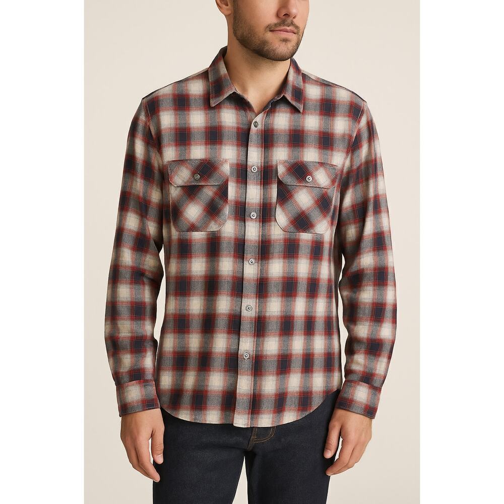 Vince Red Navy Gray Plaid Cotton Button Down Shirt Men’s Large